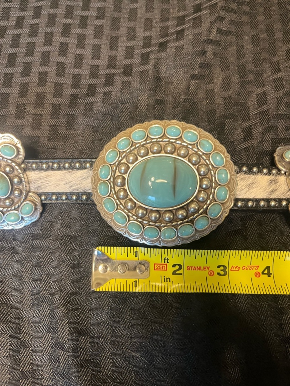 SSM numbered Cowhide adjustable Belt with Silver/Faux Turqoise Conchos - Picture 5 of 7